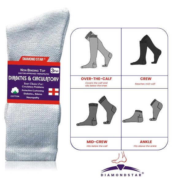 Diabetic Socks, Non-Binding Circulatory Cushion Cotton Crew Diabetic Socks White - Picture 3 of 8